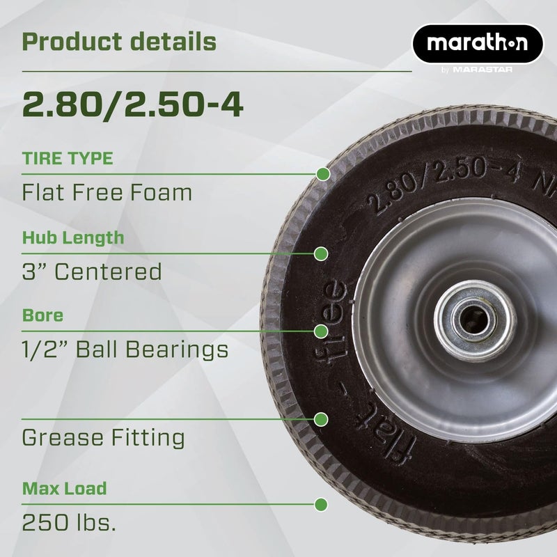 Marathon إطار وعجلة ماراثون 00026 خالية من الهواء 2.80/2.50-4، محور مركزي 3 بوصة، محامل كروية 1/2 بوصة، إطار بديل للعجلات، عربات الخدمة ومعدات أخرى، تركيب سهل - Image 2